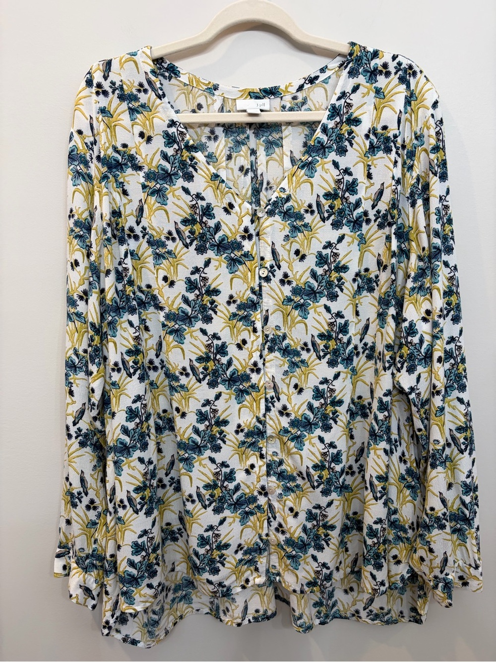 J Jill Womens Floral Tunic Top Lagen Look Blue Yellow Birds Shirt 3X Long Sleeve